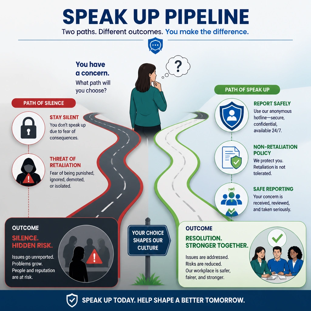 An infographic representing the "Speak Up" pipeline: showing an employee with a concern, looking at two paths: one path has a lock and a threat of retaliation (leading to silence and hidden risk), and the other path has a secure, anonymous shield representing a hotline and a non-retaliation policy (leading to safe reporting and resolution).