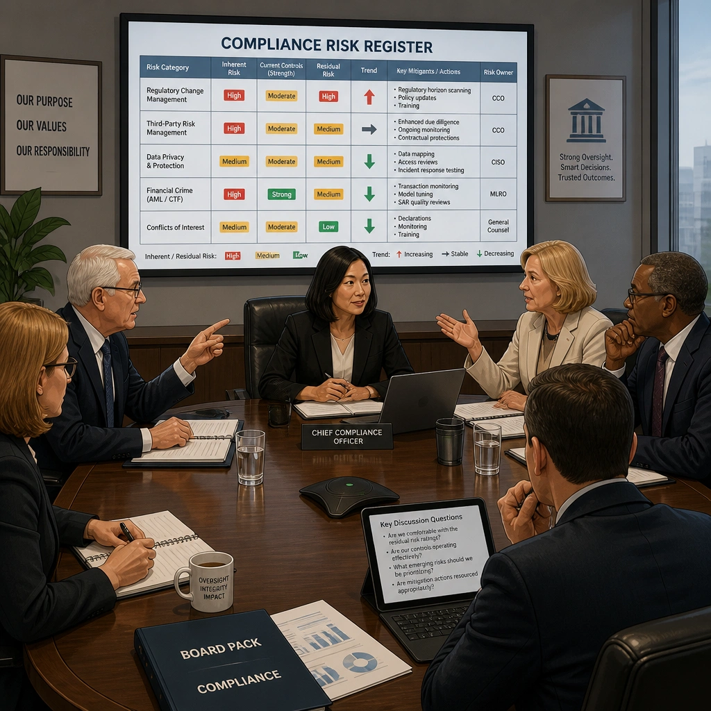 An illustration of a board meeting where board members are actively reviewing a compliance risk register, asking questions to the Chief Compliance Officer (who is seated at the table), showing a collaborative and critical oversight environment.