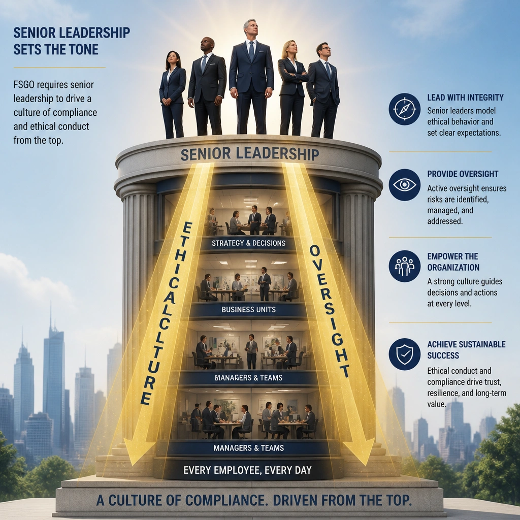 A leadership concept graphic showing senior executives standing at the top of a corporate pillar, sending down rays of "Ethical Culture" and "Oversight" to the floors below, representing the FSGO requirement for senior leadership to drive compliance culture.