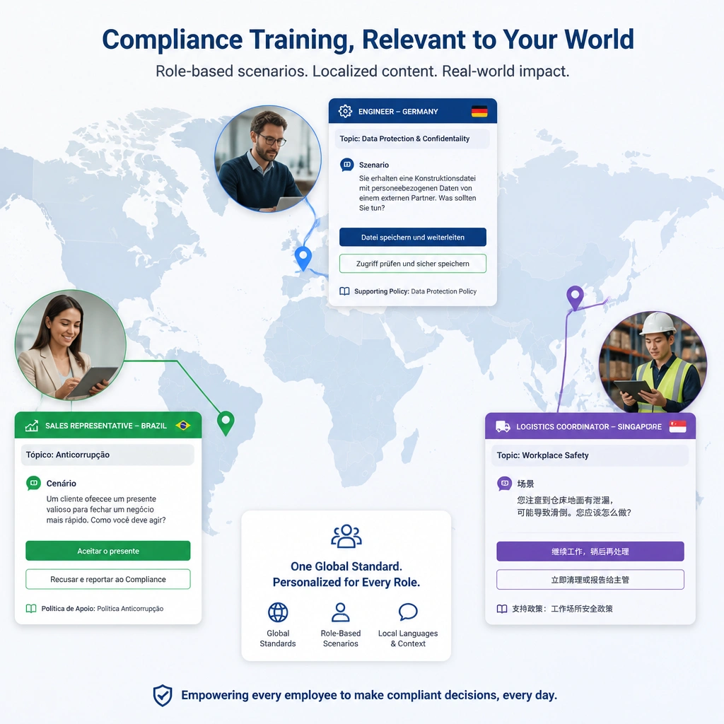 A global map with callouts showing different employees (e.g., a logistics worker in Asia, a sales representative in South America, and an engineer in Europe) engaging with interactive compliance scenarios customized to their specific job risks and languages.