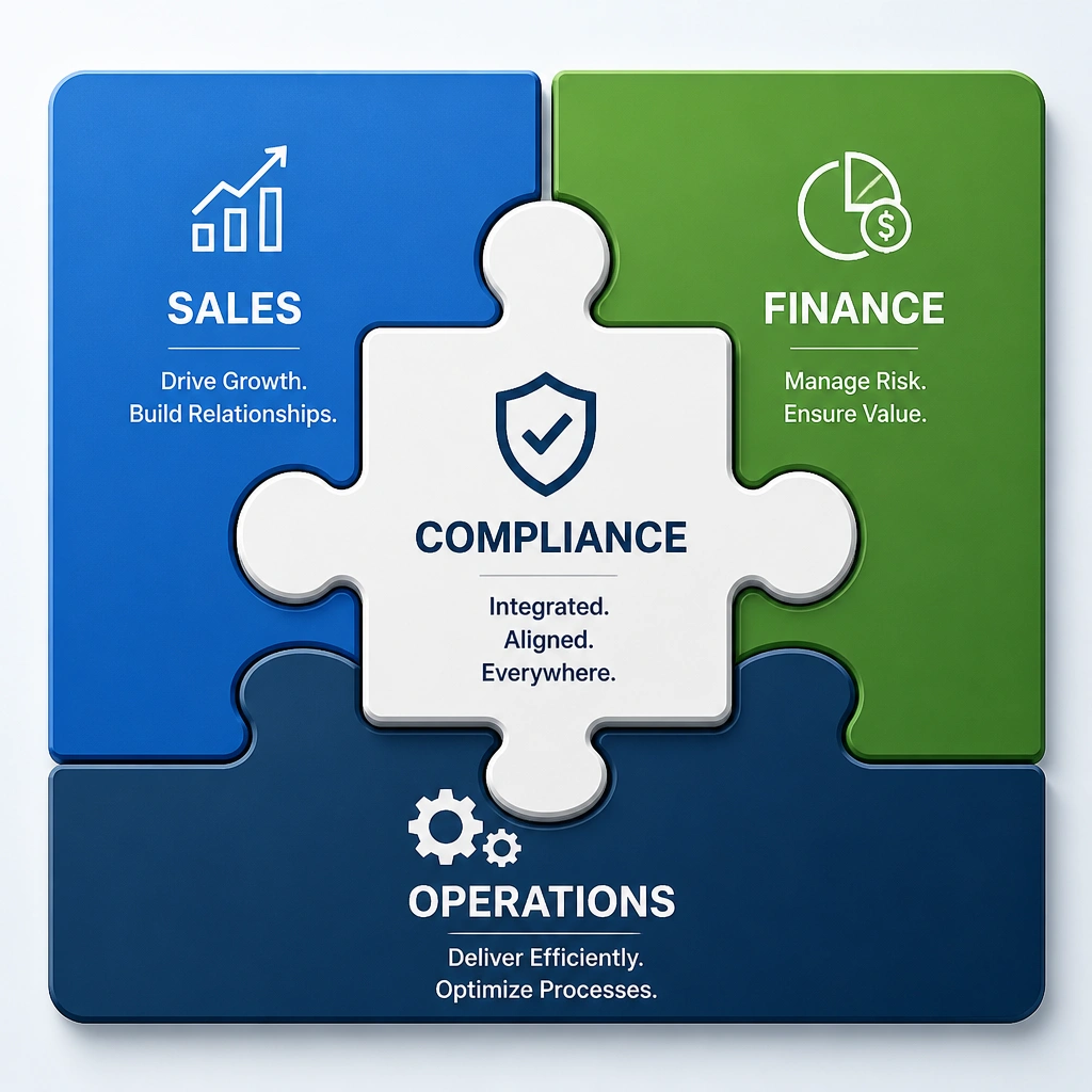 An illustration showing puzzle pieces representing "Sales," "Finance," and "Operations" locking together with a central puzzle piece labeled "Compliance," showing how compliance is integrated into the core operations.