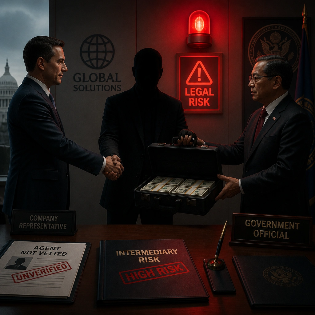 A depiction of a company representative shaking hands with a shadow-covered figure (representing the unvetted agent) who is passing a briefcase of money to a government official, with a red alert light flashing to show the legal risk.