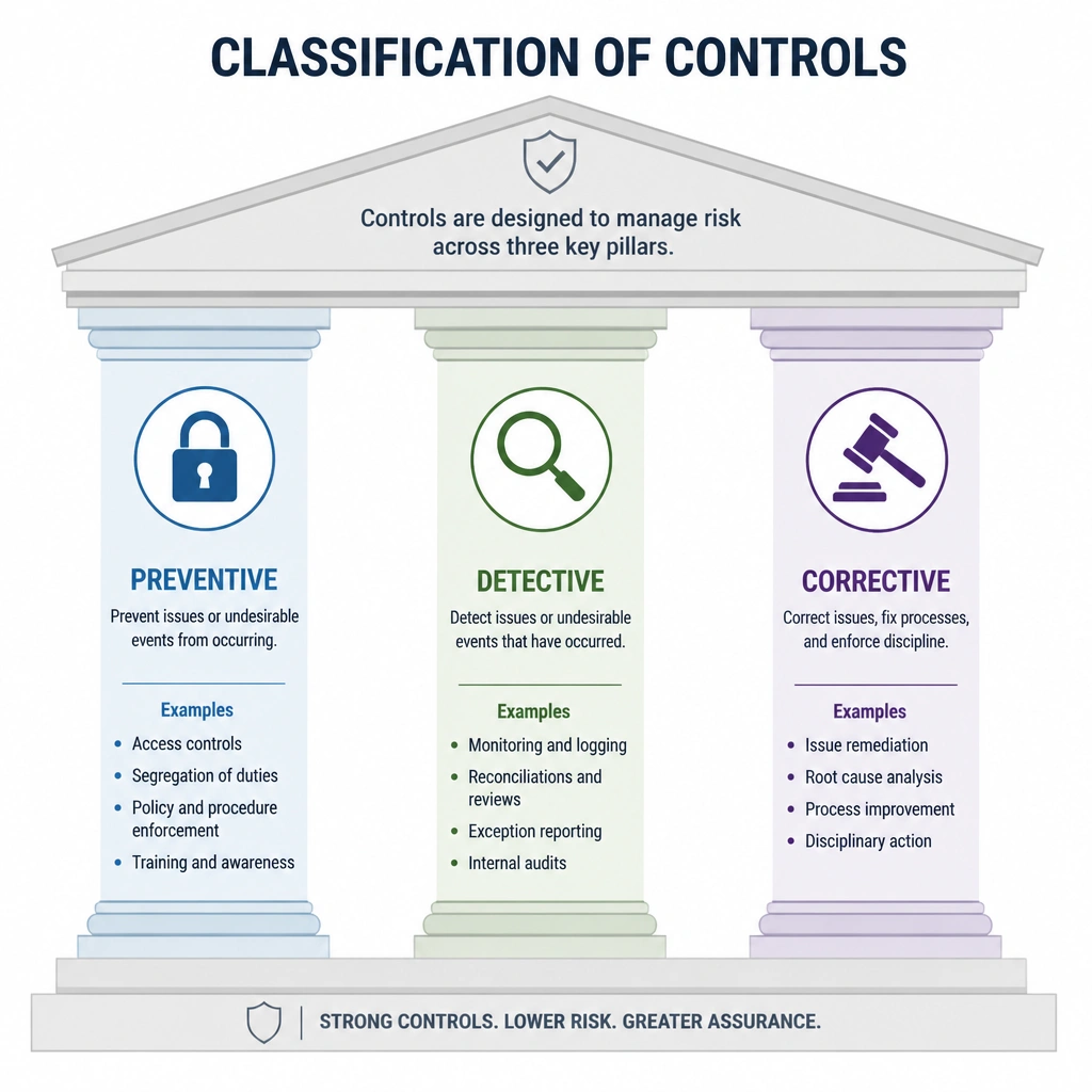 A diagram classifying controls into three pillars: Preventive (represented by a lock icon), Detective (represented by a magnifying glass icon), and Corrective (represented by a wrench/gavel icon, indicating fixing processes and enforcing discipline).
