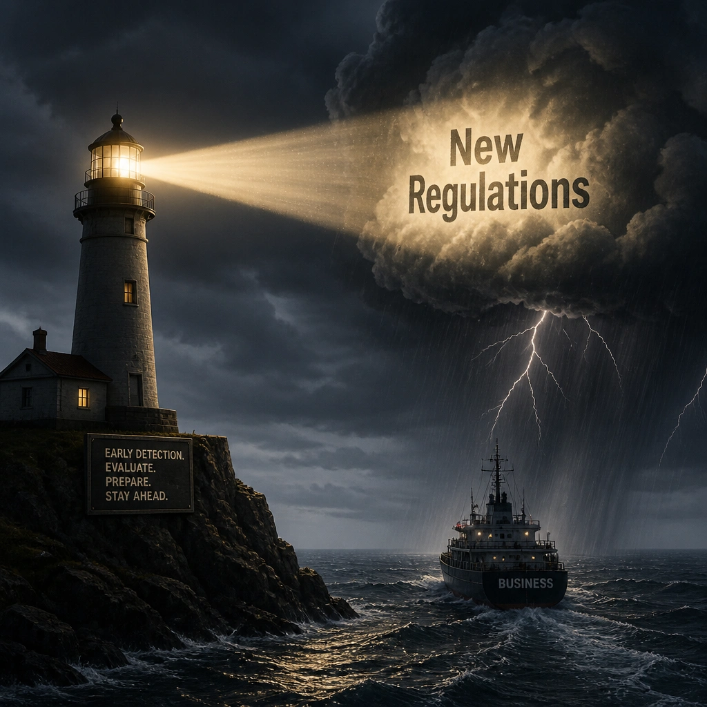 A lighthouse projecting a beam of light onto a storm cloud labeled "New Regulations," symbolizing early detection and evaluation of legal changes before they strike the ship (the business).