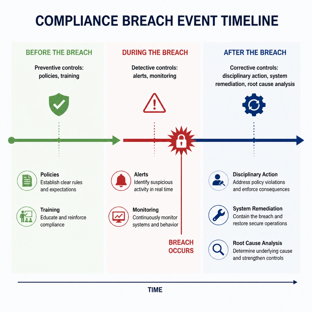 A timeline graphic showing a compliance breach event. The timeline marks 'Before the Breach' (Preventive controls: policies, training), 'During the Breach' (Detective controls: alerts, monitoring), and 'After the Breach' (Corrective controls: disciplinary action, system remediation, root cause analysis).