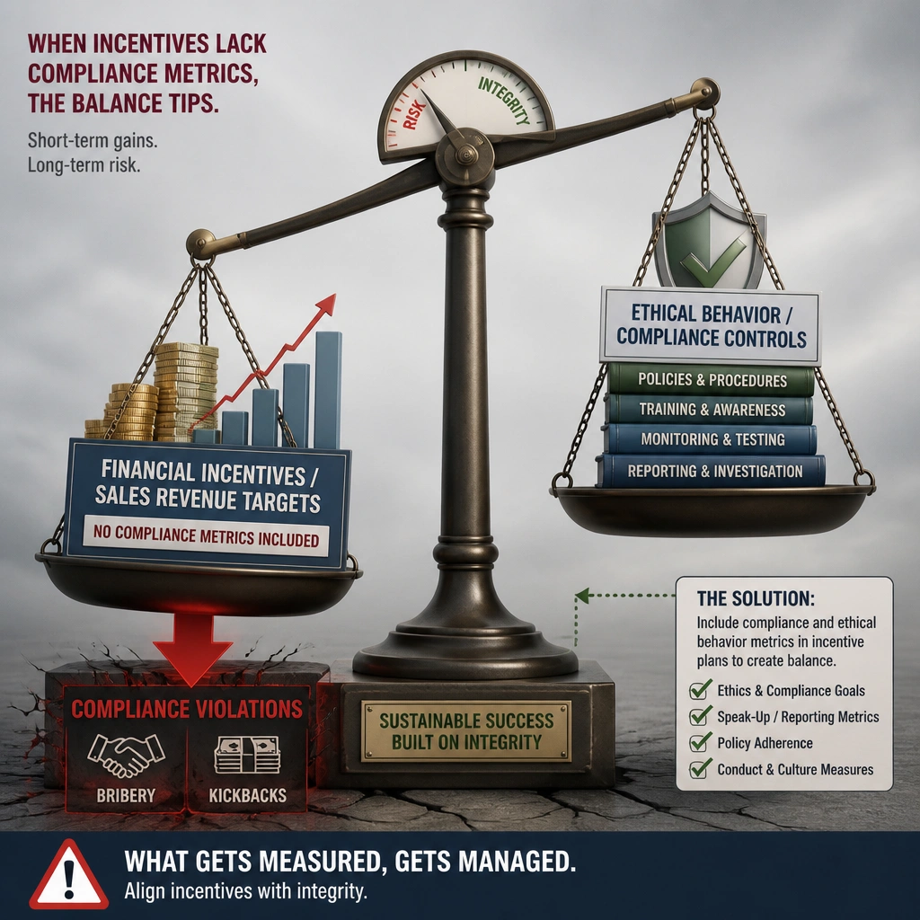 A conceptual illustration depicting a balance scale. On one side are financial incentives/sales revenue targets, and on the other side are ethical behavior/compliance controls. The graphic should illustrate that a lack of compliance metrics on the incentive side causes the scale to tip dangerously toward compliance violations (bribery, kickbacks).