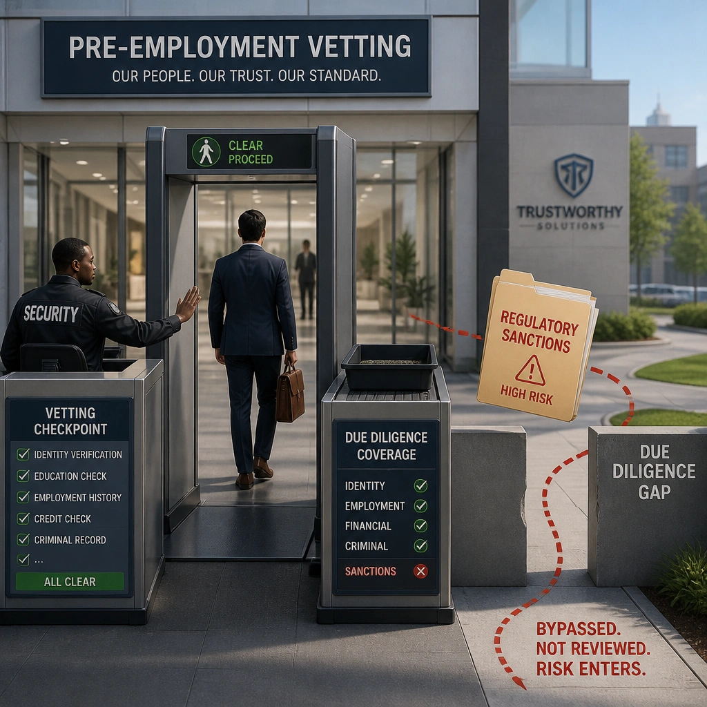 A visual depiction of a gatekeeper or security checkpoint at a corporate office entrance representing 'Pre-Employment Vetting'. An applicant is passing through, and their background file (highlighting 'Regulatory Sanctions') is shown bypass-routing around the check due to a gap, illustrating a due diligence failure.