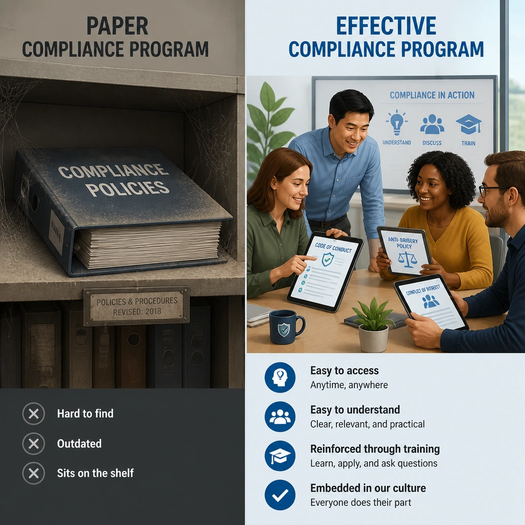 An illustration contrasting a 'Paper Compliance Program' (a thick policy binder sitting closed on a shelf covered in dust) with an 'Effective Compliance Program' (employees actively discussing and reading digital policy tablets with icons representing understanding and training).