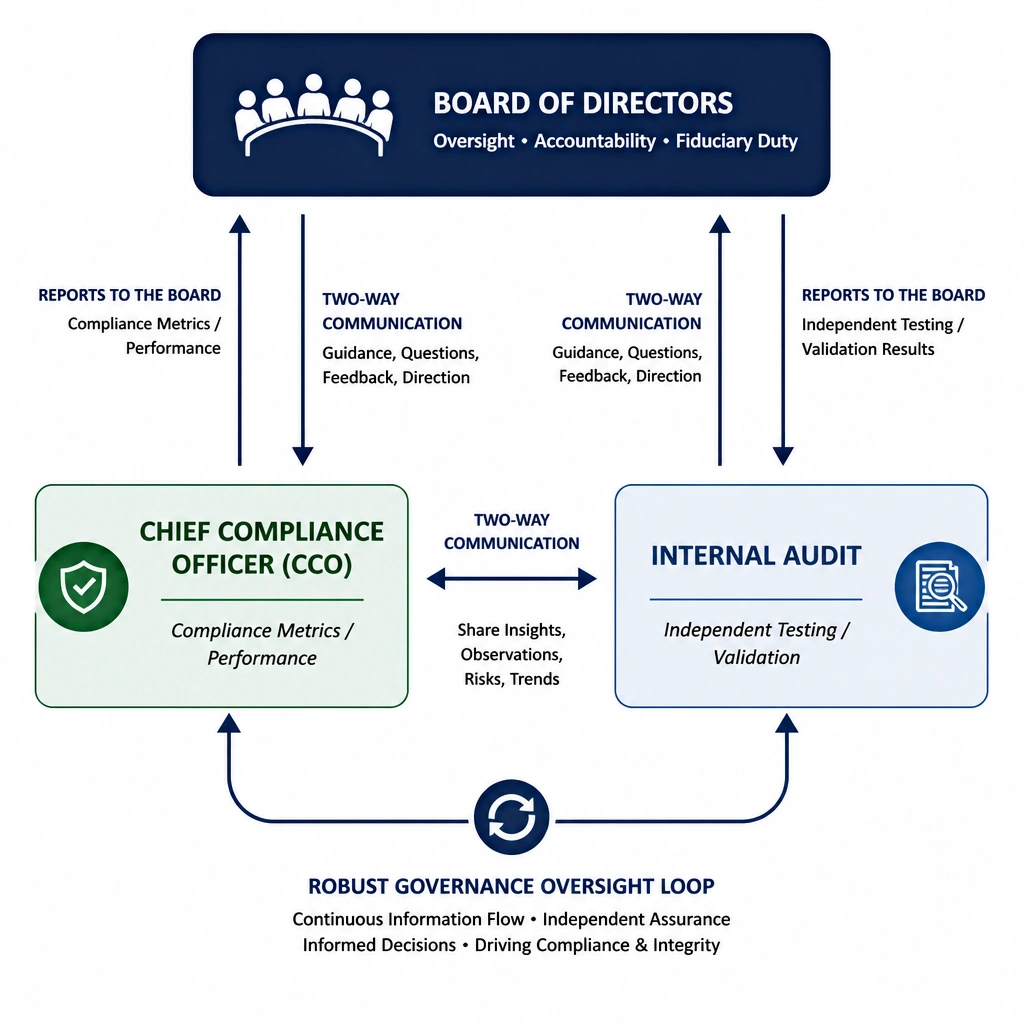 A flow diagram showing the Board of Directors at the top, receiving reports and engaging in two-way communication channels with the Chief Compliance Officer (compliance metrics/performance) and Internal Audit (independent testing/validation), forming a robust governance oversight loop.