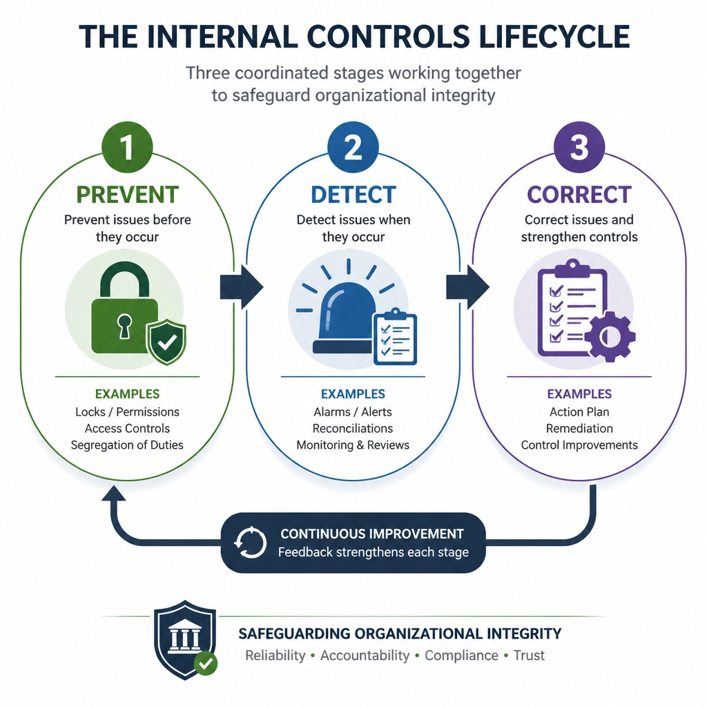 A three-stage process diagram illustrating the lifecycle of internal controls: 1. Prevent (e.g., locks/permissions), 2. Detect (e.g., alarms/reconciliations), and 3. Correct (e.g., action plan/remediation) working together to safeguard organizational integrity.