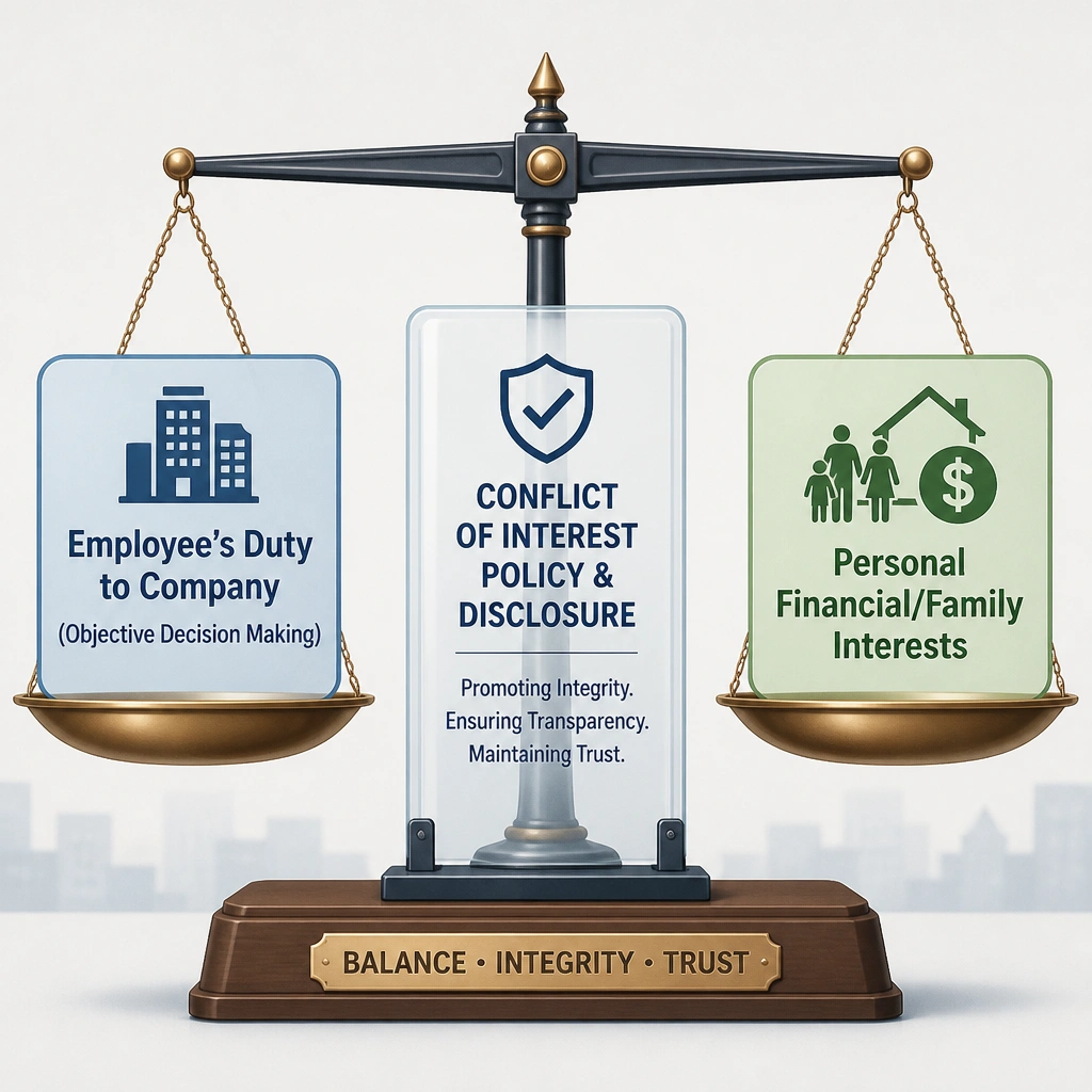 An illustration depicting a balance scale. On one side is "Employee's Duty to Company (Objective Decision Making)" and on the other side is "Personal Financial/Family Interests." A barrier labeled "Conflict of Interest Policy & Disclosure" keeps the scale balanced and transparent.