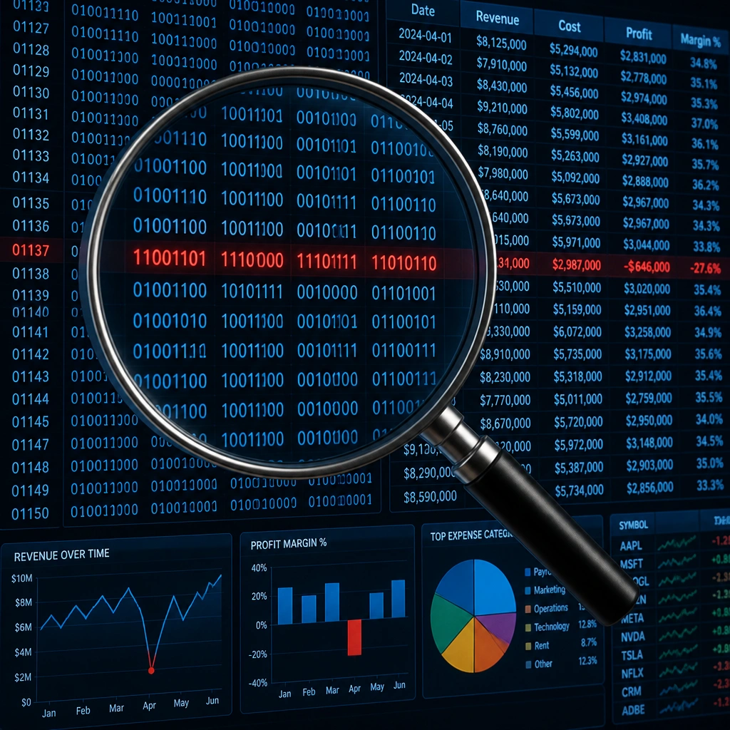 A magnifying glass hovering over a dense grid of binary data and financial spreadsheets, highlighting a glowing red row of data (representing an anomaly or outlier) amid normal blue rows of data.