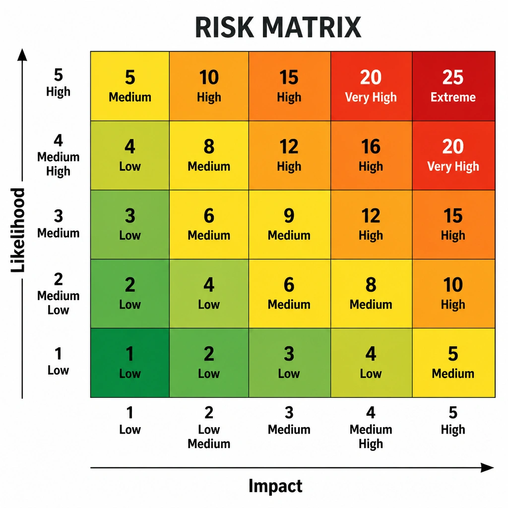 A standard 5x5 Risk Matrix heat map showing "Likelihood" on the vertical axis (from Low to High) and "Impact" on the horizontal axis (from Low to High), with risk ratings transitioning from green (low) to red (high).