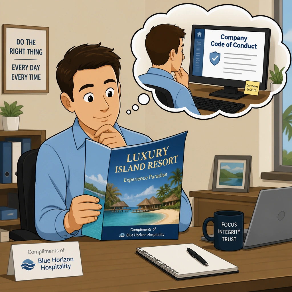 A cartoon of an employee sitting at a desk looking at a brochure for a "Luxury Island Resort" offered by a vendor, with a thought bubble showing the employee checking a document titled "Company Code of Conduct" on their computer screen.