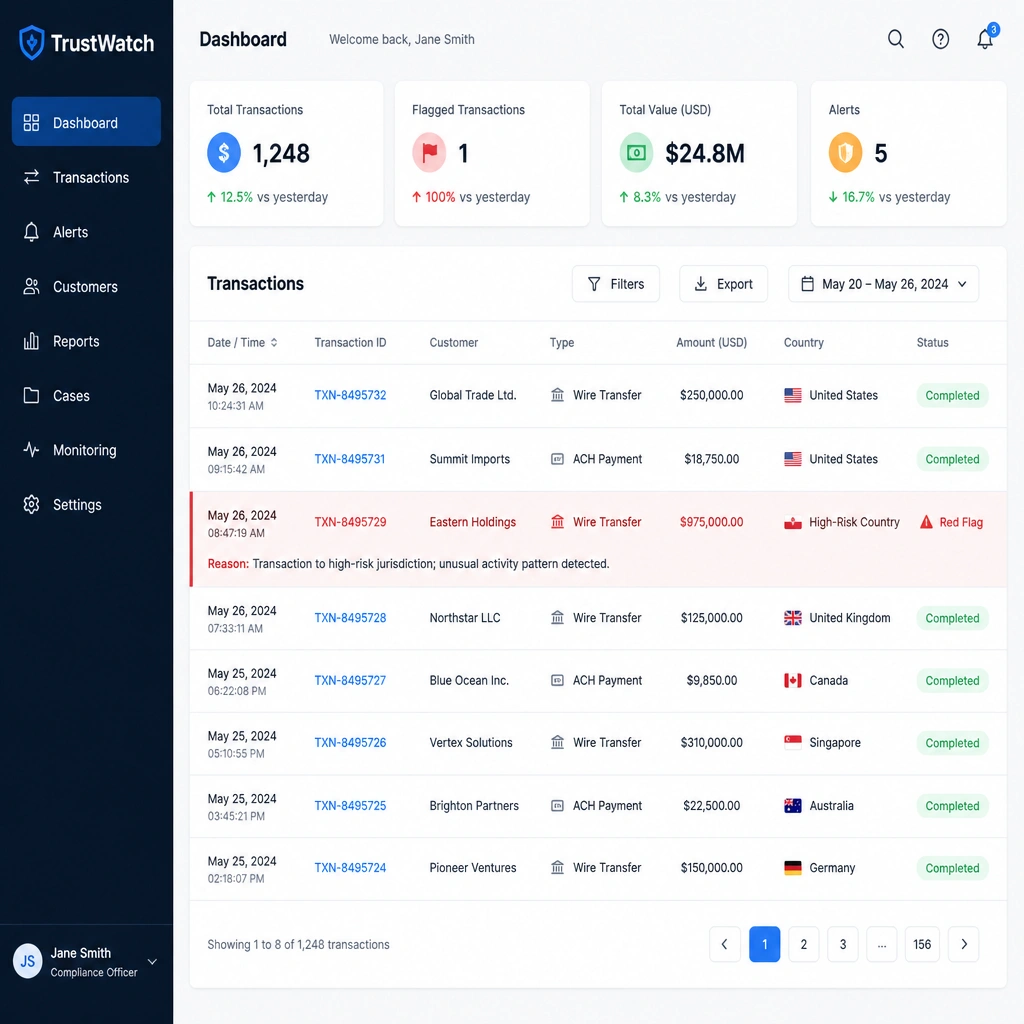 A dashboard interface displaying a list of transactions, where one line item is flagged with a red warning icon, representing a compliance "red flag" that stands out from the other normal entries.