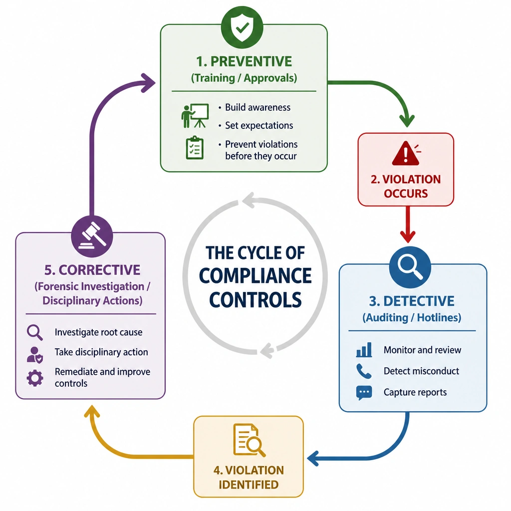 A flowchart illustrating the cycle of compliance controls: Preventive (training/approvals) -> Violation occurs -> Detective (auditing/hotlines) -> Violation identified -> Corrective (forensic investigation/disciplinary actions).