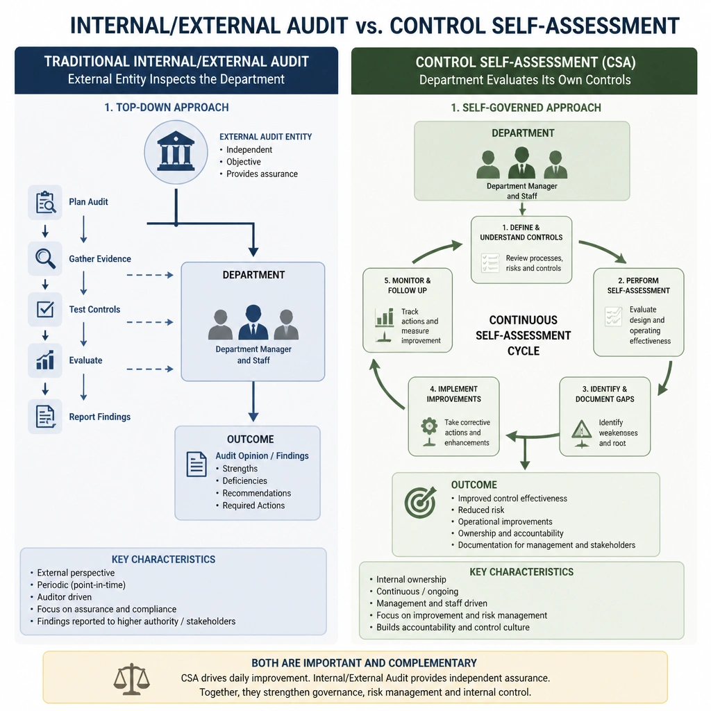 A comparison diagram showing a traditional top-down Internal/External Audit (external entity inspecting a department) versus a Control Self-Assessment (the department manager and staff evaluating their own internal checklists and workflows).