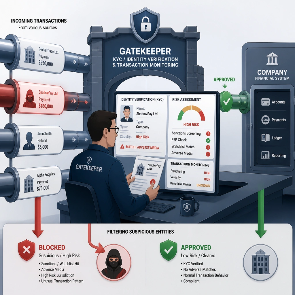 An illustration of a gatekeeper (KYC/Identity Verification) checking ID documents and monitoring a pipeline of transactions to filter out suspicious entities before they enter the company's financial system.