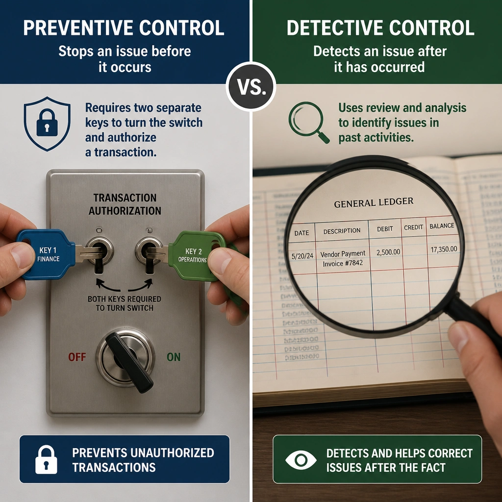 A split graphic showing a preventive control (two separate keys required to turn a switch to authorize a transaction) versus a detective control (a magnifying glass inspecting a past ledger entry).