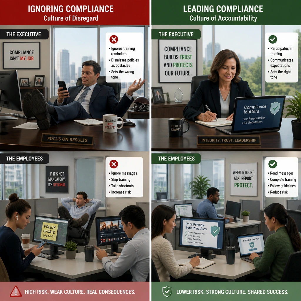 A comparison of two executive offices: one showing an executive ignoring compliance messages (employees below also ignoring them), and another showing an executive actively participating in training (employees below following guidelines).