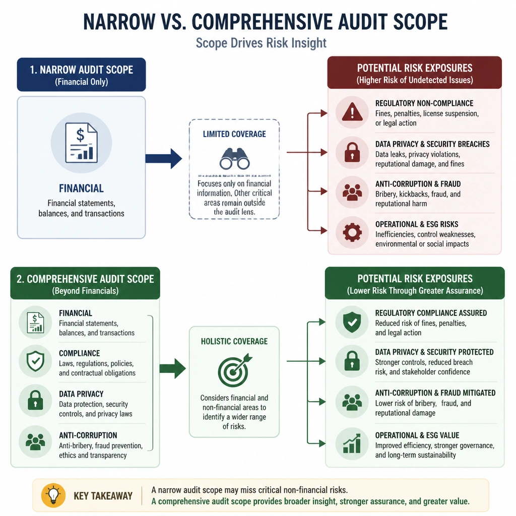 Diagram showing the difference between a narrow audit scope (financial only) and a comprehensive audit scope (including compliance, data privacy, and anti-corruption) with arrows pointing to potential risk exposures.