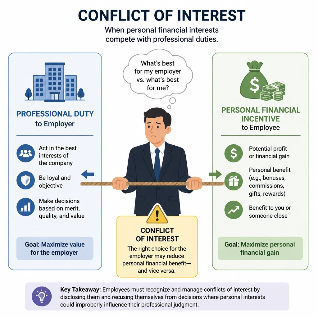 Diagram illustrating a conflict of interest scenario where an employee's professional duty to their employer is pulled in a different direction by a personal financial incentive.