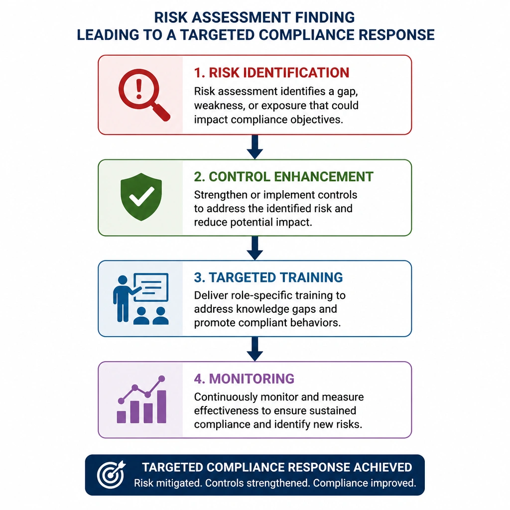 A flow chart showing a risk assessment finding leading to a targeted compliance response: risk identification -> control enhancement -> targeted training -> monitoring.