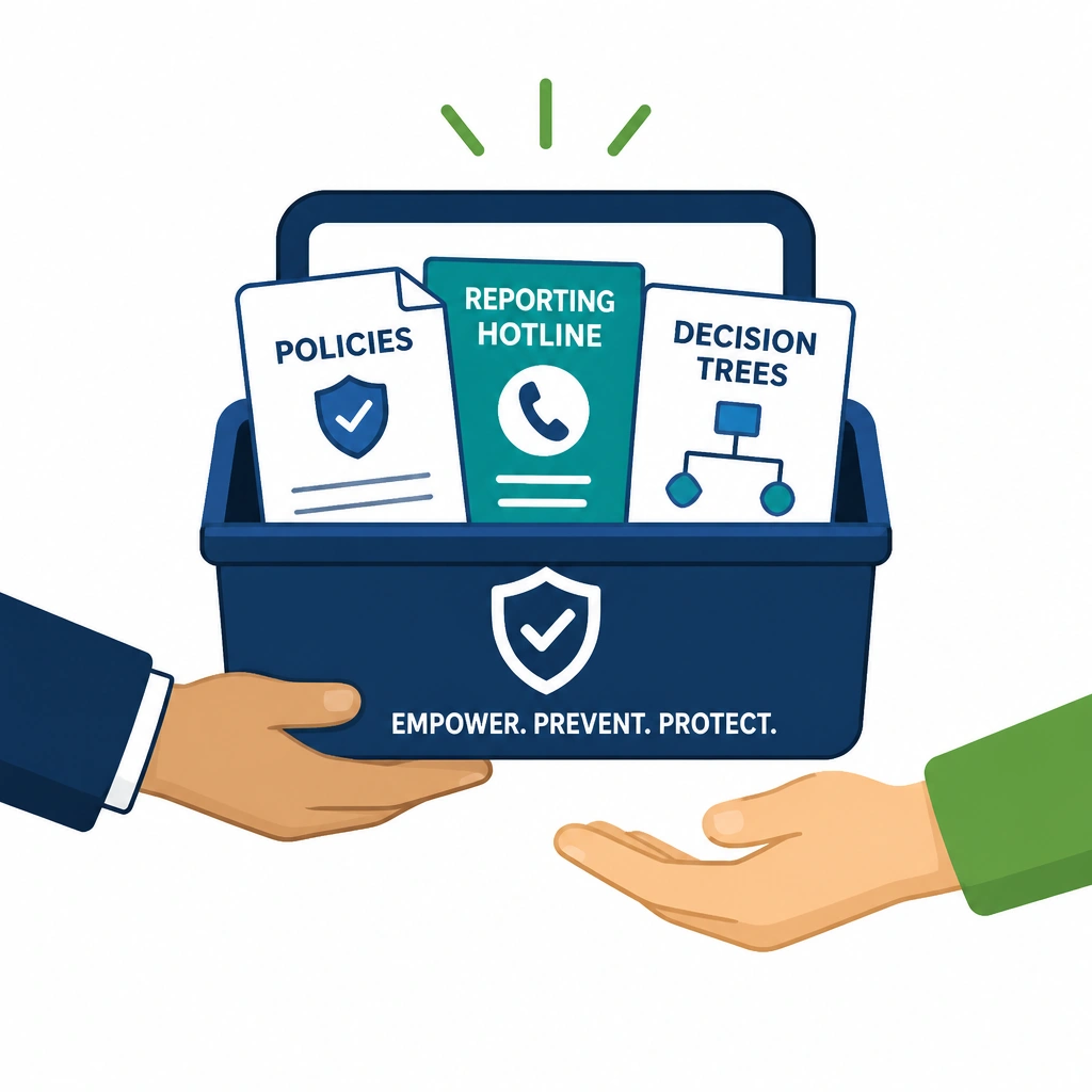 An icon of a toolbox containing compliance resources (policies, reporting hotline, decision trees) being handed to an employee, symbolizing empowerment and prevention.