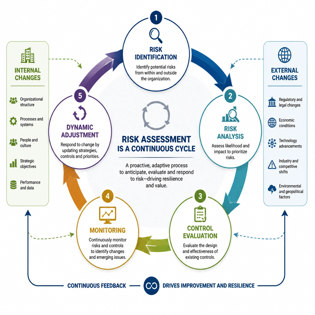 A circular flow diagram representing the continuous cycle of risk assessment, showcasing the stages of "Risk Identification", "Risk Analysis", "Control Evaluation", "Monitoring", and "Dynamic Adjustment" as a repeating loop, highlighting the influence of internal and external changes.
