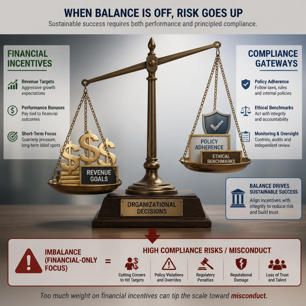 A balance scale comparing "Financial Incentives" (dollar signs, revenue goals) on one side and "Compliance Gateways" (policy adherence, ethical benchmarks) on the other, showing that an imbalance (financial-only) tips the scale toward "High Compliance Risks / Misconduct".