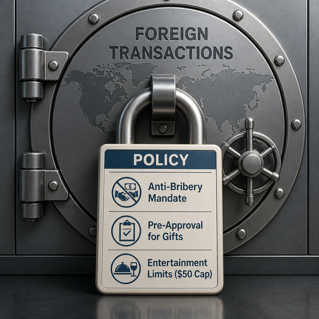 A policy document icon with sections labeled "Anti-Bribery Mandate", "Pre-Approval for Gifts", and "Entertainment Limits ($50 Cap)", acting as a lock on a vault containing foreign transactions.