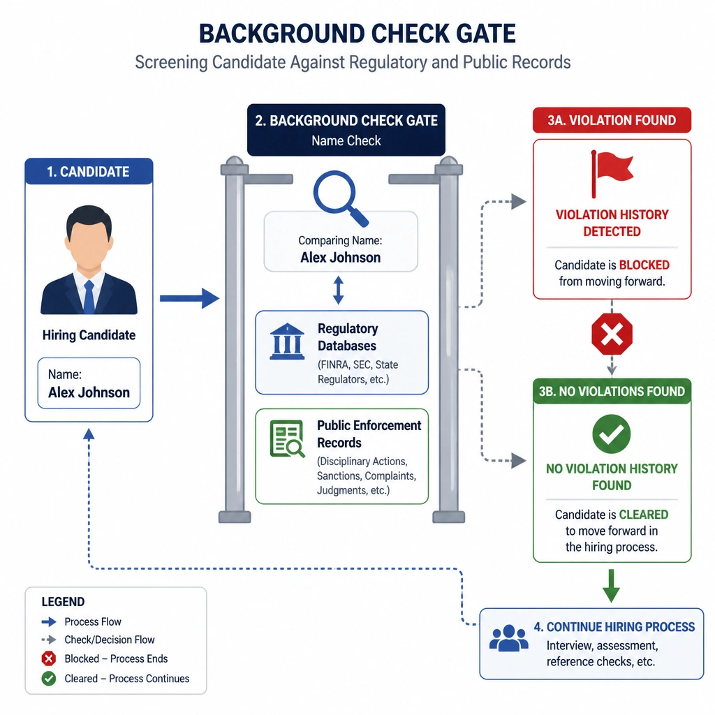 A flowchart showing a hiring candidate passing through a "Background Check Gate" where their name is compared against regulatory databases and public enforcement records, showing a red flag icon blocking the candidate if a violation history is found.