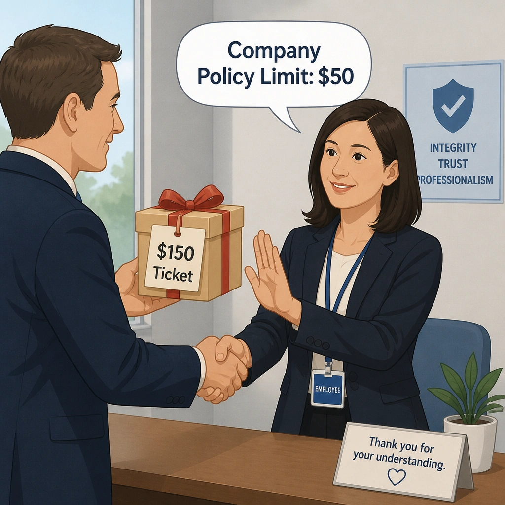 An illustration of an employee shaking hands with a client while politely gesturing "no" to a gift box labeled "$150 Ticket", with a speech bubble referencing "Company Policy Limit: $50".
