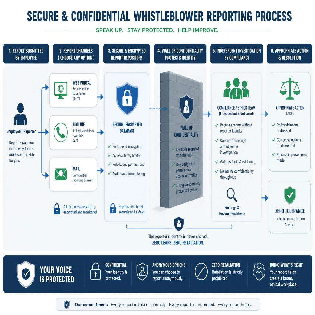 A flow diagram illustrating the secure and confidential whistleblower reporting process. The diagram should show an employee submitting a report through various channels (web portal, hotline, mail) into a secure, encrypted database. It should emphasize the wall of confidentiality protecting the reporter's identity, leading to an independent investigation process handled by compliance, with zero leaks or retaliation.