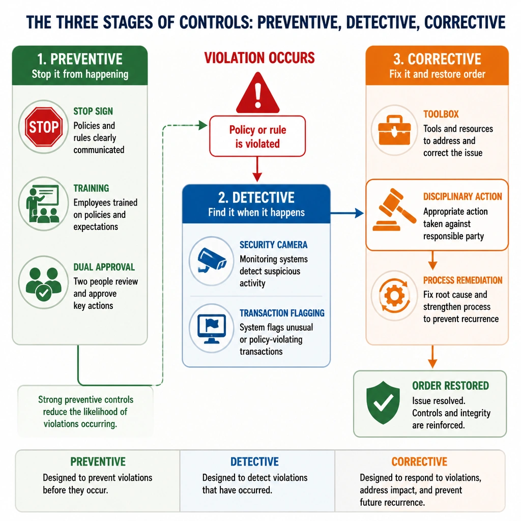 A comparative flowchart representing the three stages of controls: Preventive (stop sign, training, dual approval), Detective (security camera, transaction flagging), and Corrective (toolbox, disciplinary action, process remediation). The diagram should show a violation happening, triggering the detective control, which then leads directly to the corrective control (disciplinary action) to restore order.