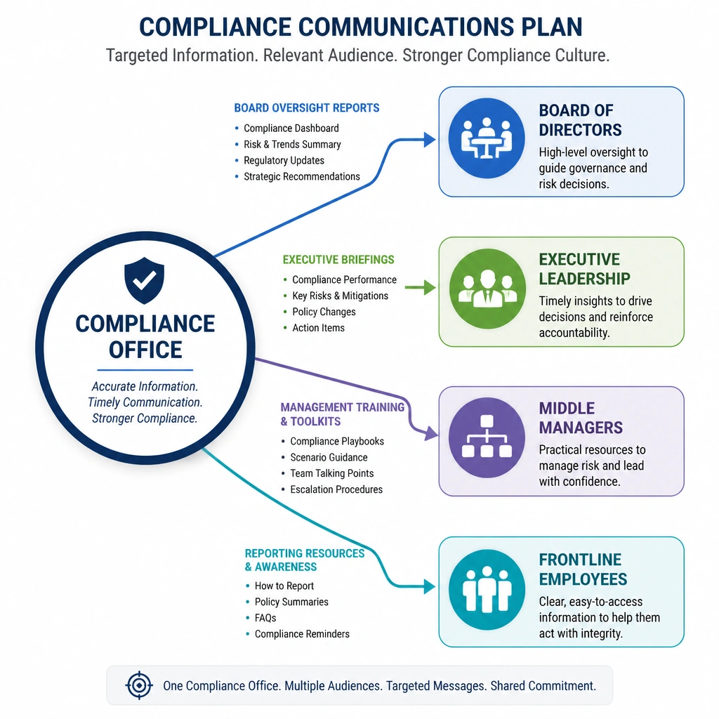A network diagram showing information flowing from a central "Compliance Office" node to various external nodes labeled "Board of Directors," "Executive Leadership," "Middle Managers," and "Frontline Employees." Each arrow displays customized message types (e.g., Board Oversight Reports, Management Training, Reporting Resources), illustrating how a communications plan delivers targeted information to all stakeholders.