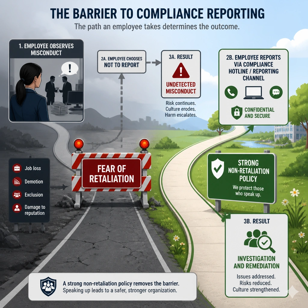 A diagram depicting the barrier to compliance reporting. Show an employee observing misconduct, with a roadblock labeled 'Fear of Retaliation' blocking the path to the 'Compliance Hotline/Reporting Channel,' resulting in 'Undetected Misconduct,' while an open path displays 'Strong Non-Retaliation Policy' leading safely to 'Investigation and Remediation.'