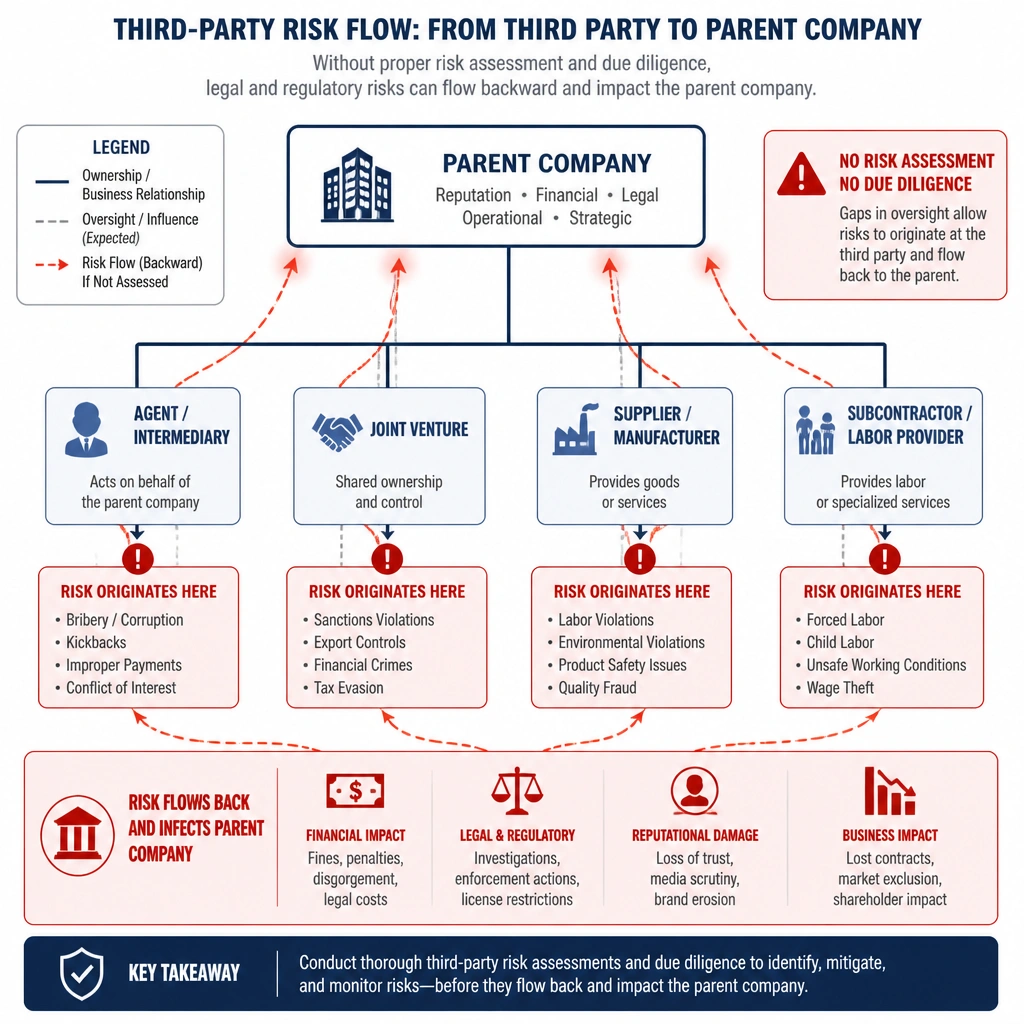 A conceptual risk-mapping diagram showing a parent company connected to various third parties (agents, joint ventures, suppliers). The diagram highlights how legal and regulatory risks (e.g., bribery, sanctions, labor violations) can flow backward from the third party to infect the parent company if a risk assessment is not conducted.