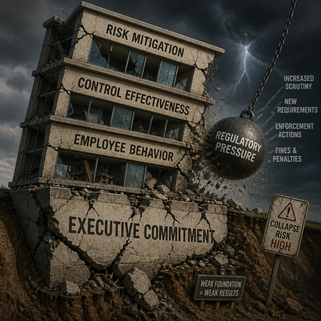 A visual metaphor of a crumbling building where the foundation represents "Executive Commitment." When the foundation is cracked and weak, the upper floors (labeled "Employee Behavior," "Control Effectiveness," and "Risk Mitigation") are tilting and unstable, threatening to collapse under regulatory pressure.