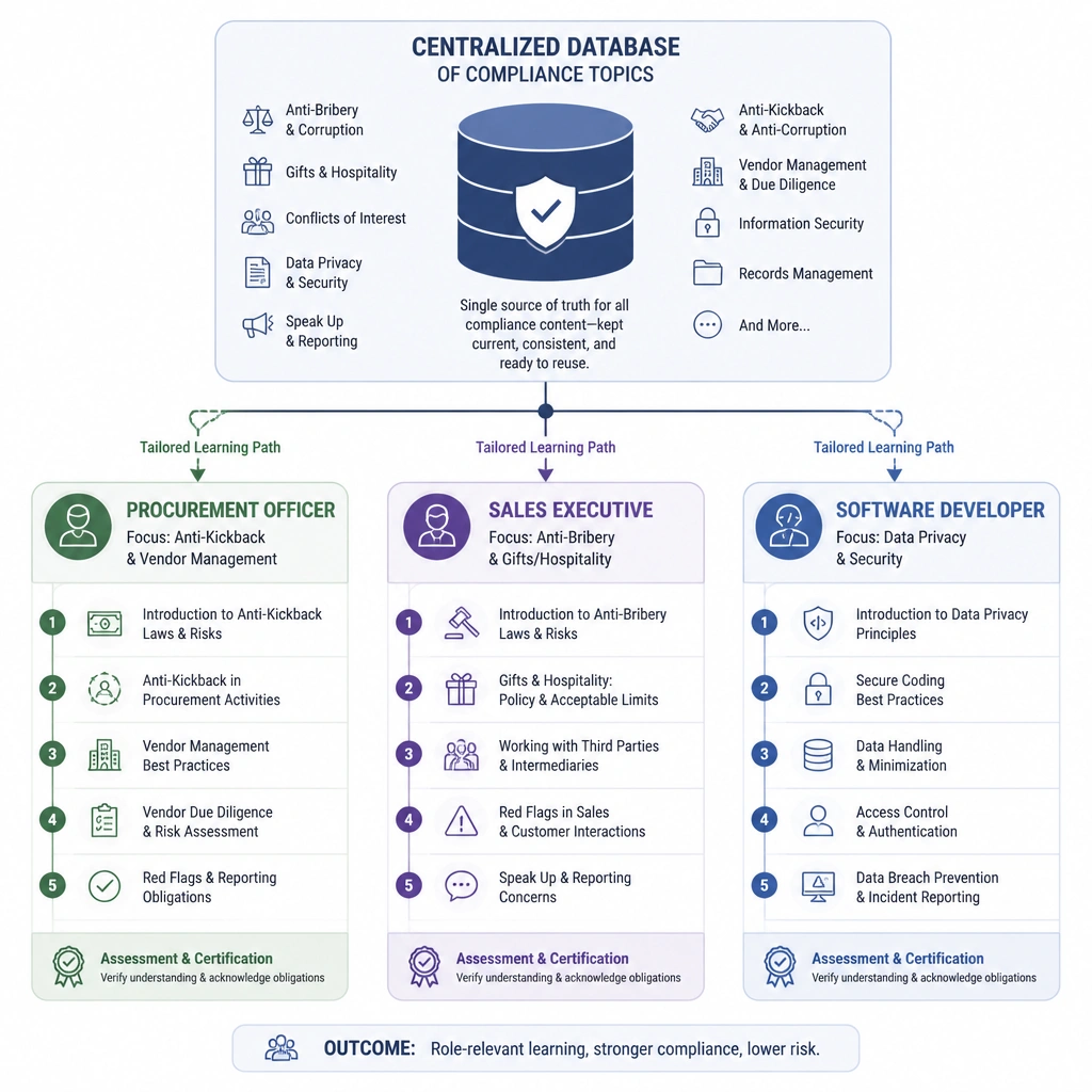 A conceptual diagram showing a centralized database of compliance topics branching out into tailored learning paths for three different employee roles: a Procurement Officer (focusing on anti-kickback and vendor management), a Sales Executive (focusing on anti-bribery and gifts/hospitality), and a Software Developer (focusing on data privacy and security).