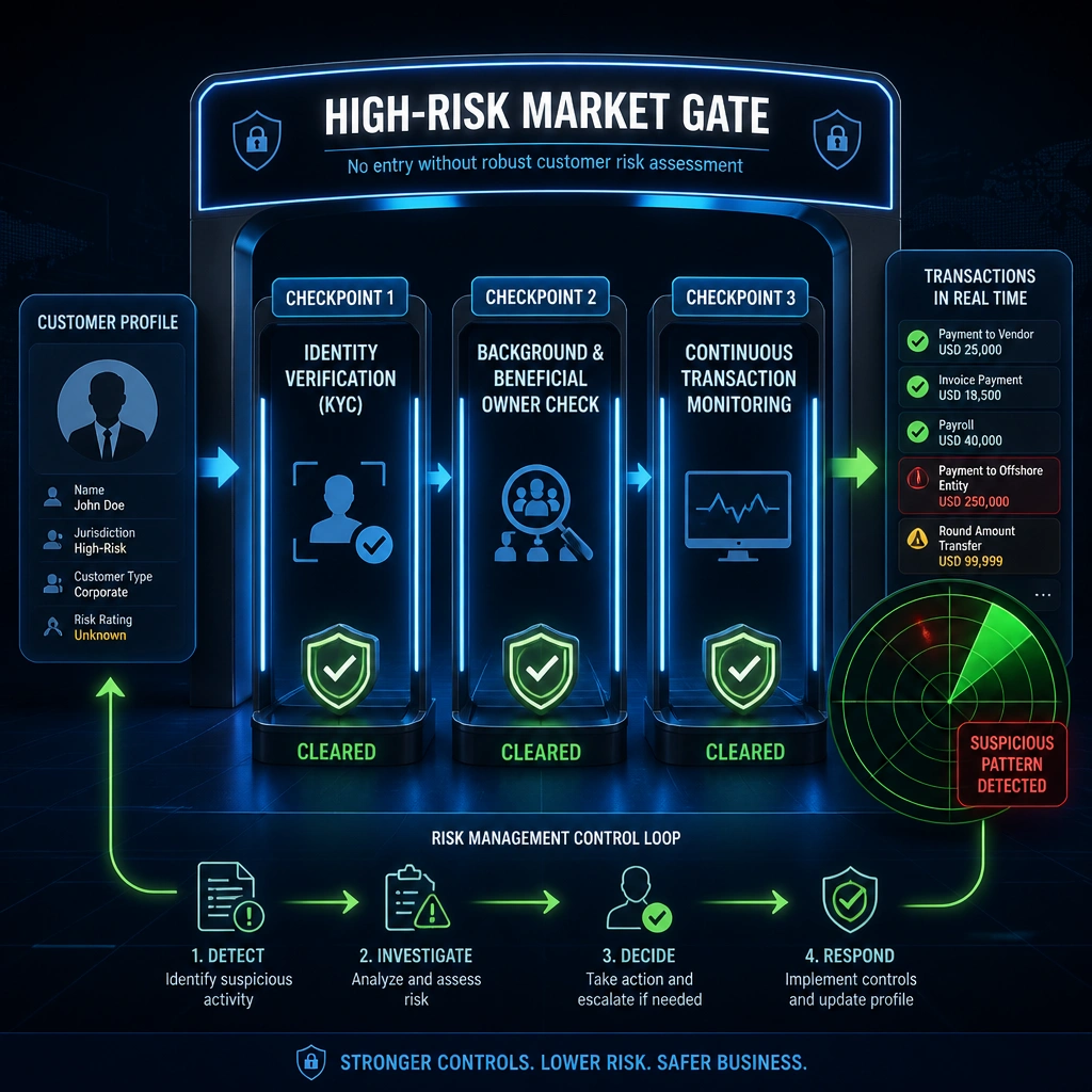 A digital gateway labeled "High-Risk Market Gate." To pass through the gate, a customer profile must go through three sequential checkpoints: "Identity Verification (KYC)," "Background & Beneficial Owner Check," and "Continuous Transaction Monitoring." A radar icon sweeps over the transactions, flagging suspicious patterns, illustrating a robust risk management control loop.