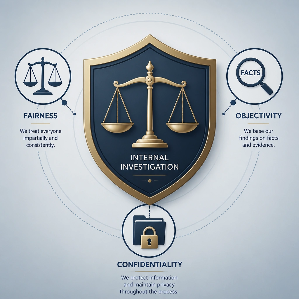 A scales of justice balanced inside a shield, representing an internal investigation. Surrounding the shield are icons representing "Fairness" (balanced scales), "Objectivity" (a magnifying glass focusing on facts), and "Confidentiality" (a padlock securing a file folder), highlighting the key responsibilities of a compliance investigation.