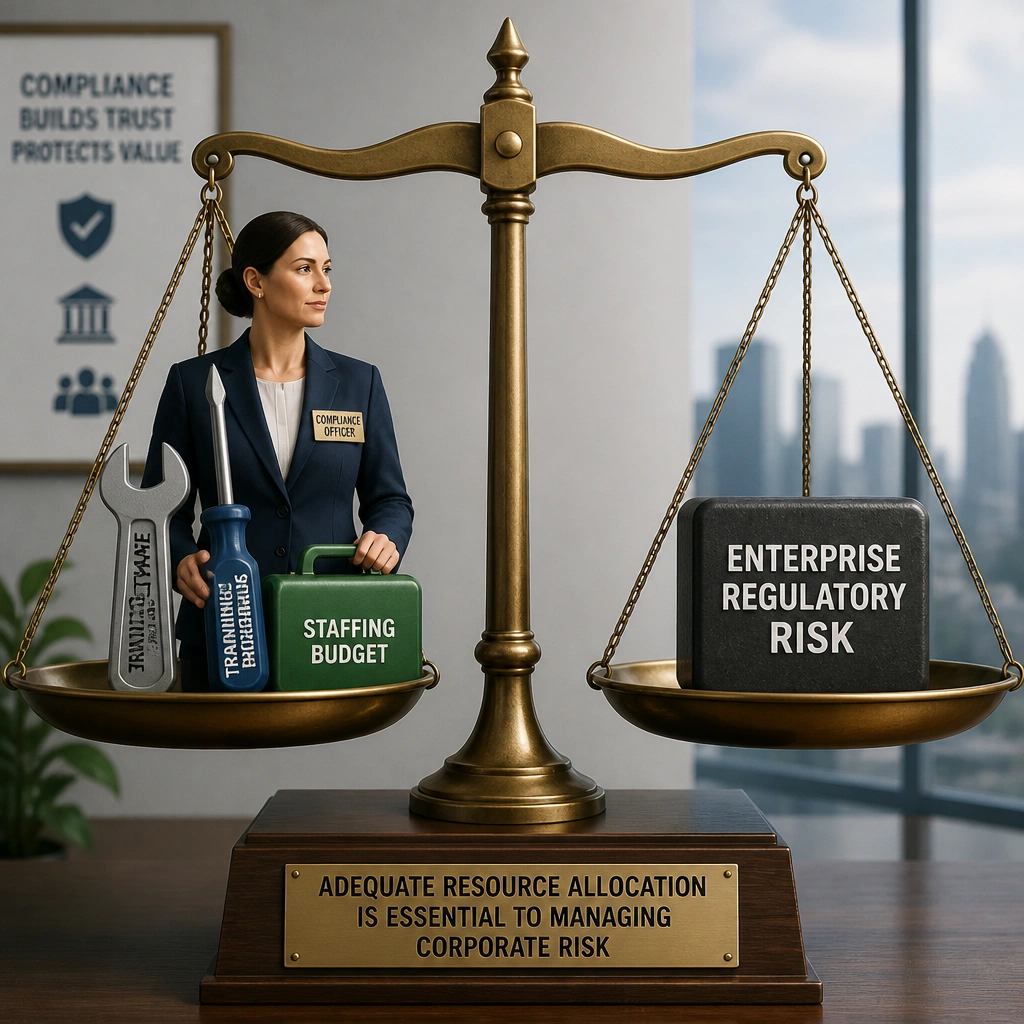 A set of scales with a compliance officer on one side holding tools labeled "Auditing Software," "Training Programs," and "Staffing Budget," balanced against a scale pan labeled "Enterprise Regulatory Risk." The balancing of these scales shows how adequate resource allocation is required to manage corporate risks.