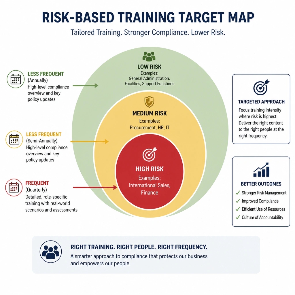 A target map of a company. The center bullseye represents "High Risk" (e.g., International Sales, Finance) and has arrows showing frequent, detailed training sessions. The outer rings represent "Medium Risk" and "Low Risk" (e.g., general administration) and have arrows showing less frequent, high-level compliance overviews, representing a tailored, risk-based approach.
