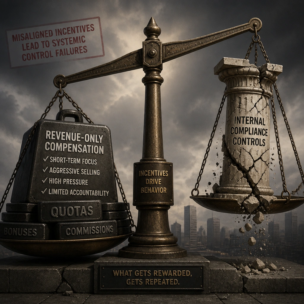 A balance scale illustrating organizational incentives. On one side of the scale is 'Revenue-Only Compensation' heavily weighted down, representing high pressure. On the other side, a cracked pillar representing 'Internal Compliance Controls' showing signs of breaking. The image highlights the risk of misaligned incentives leading to systemic control failures.