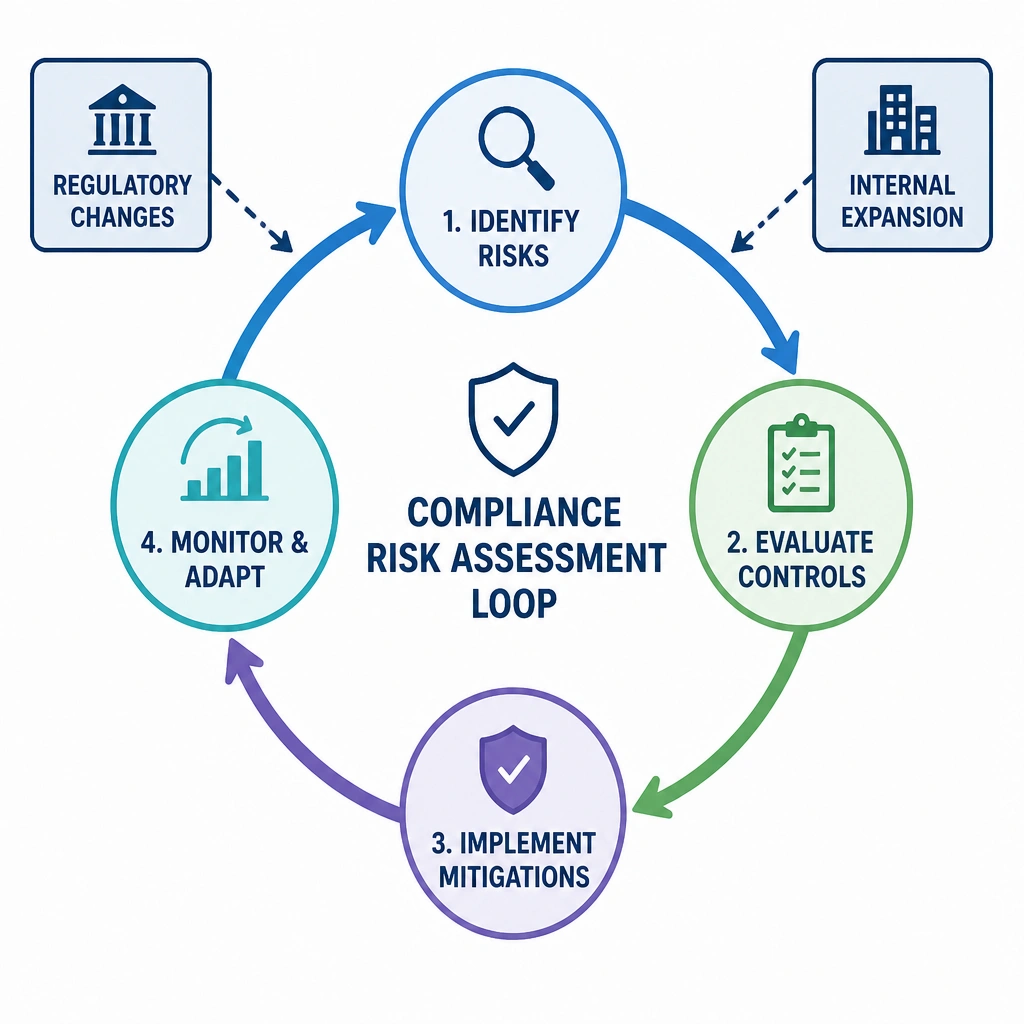 A cyclical flow diagram representing a compliance risk assessment loop. The diagram contains stages labeled 'Identify Risks', 'Evaluate Controls', 'Implement Mitigations', and 'Monitor & Adapt'. Arrows show continuous movement, with external inputs pointing into the cycle labeled 'Regulatory Changes' and 'Internal Expansion'.