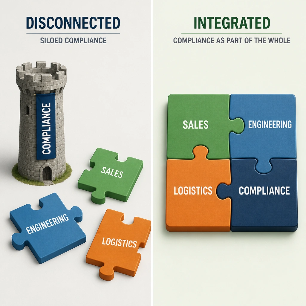A split illustration. On the left, an isolated tower labeled 'Compliance' disconnected from puzzle pieces labeled 'Sales', 'Engineering', and 'Logistics'. On the right, a unified puzzle where the 'Compliance' piece is fully interlocked with the other business functions, representing integration.