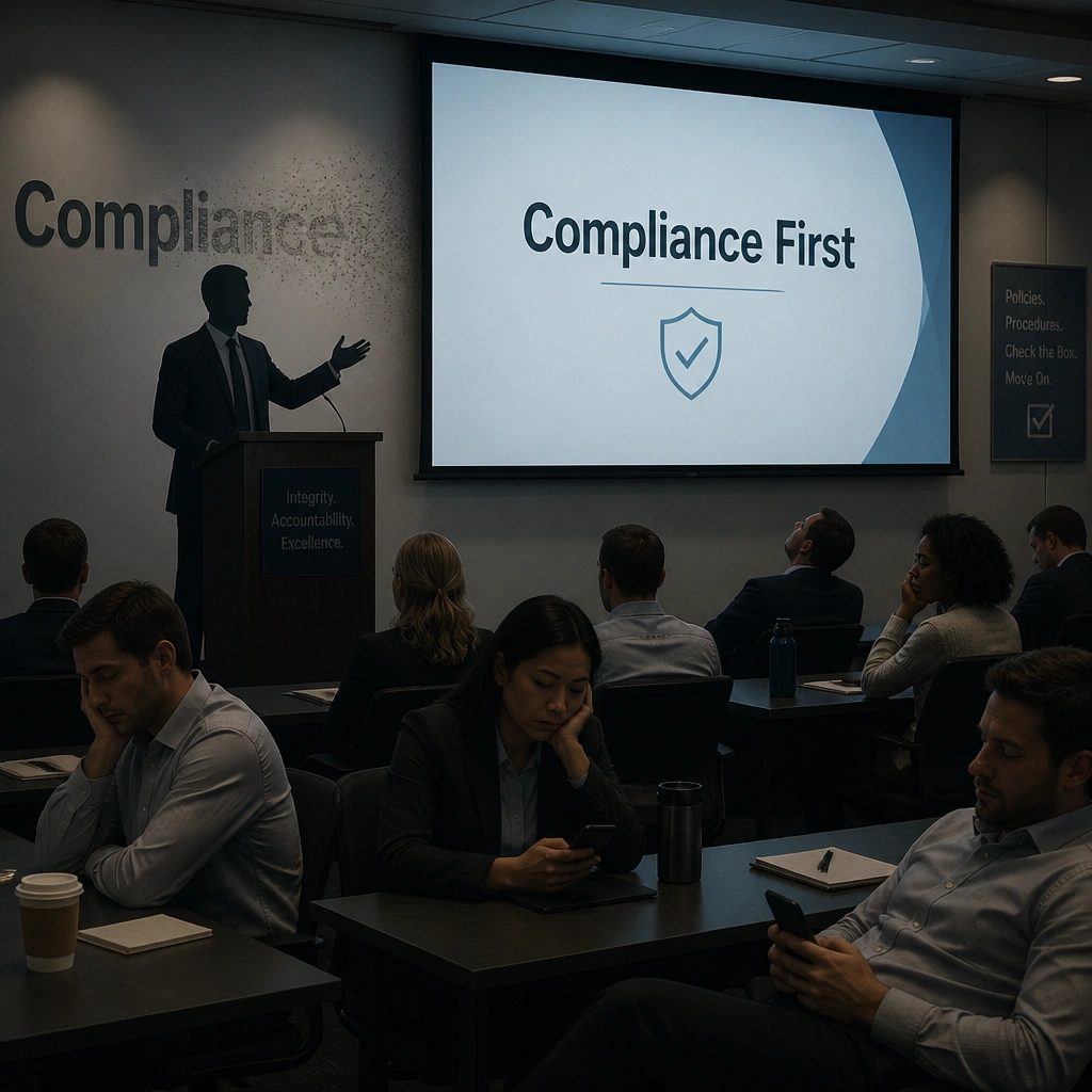 A speaker podium where a shadow of an executive is presenting a slide labeled 'Compliance First'. However, behind the podium, the word 'Compliance' is fading away, and employees in the audience are looking bored and ignoring the presentation, representing a disconnected paper program.