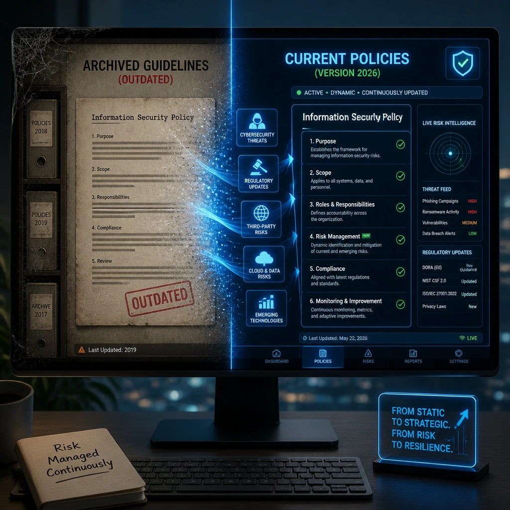 A policy document on a computer screen transitioning from a dusty version labeled "Archived Guidelines (Outdated)" to a glowing, active interface labeled "Current Policies (Version 2026)." The screen shows new risk vectors (like cybersecurity threats and regulatory updates) being incorporated into the active version, representing the transition from static paperwork to dynamic risk management.