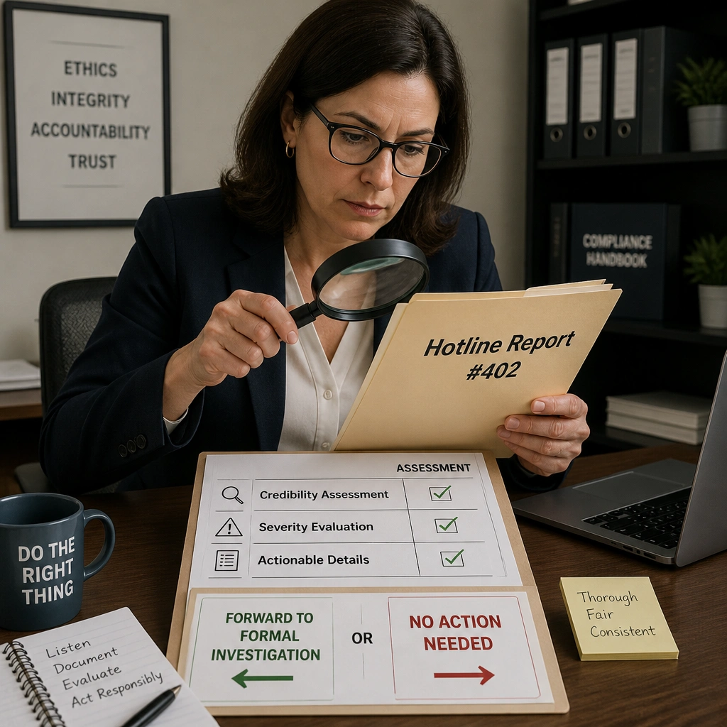 A compliance officer sitting at a desk examining an incoming folder labeled "Hotline Report #402." They are using a magnifying glass to review a checklist of criteria labeled "Credibility Assessment," "Severity Evaluation," and "Actionable Details," deciding whether to forward it to "Formal Investigation" or "No Action Needed."
